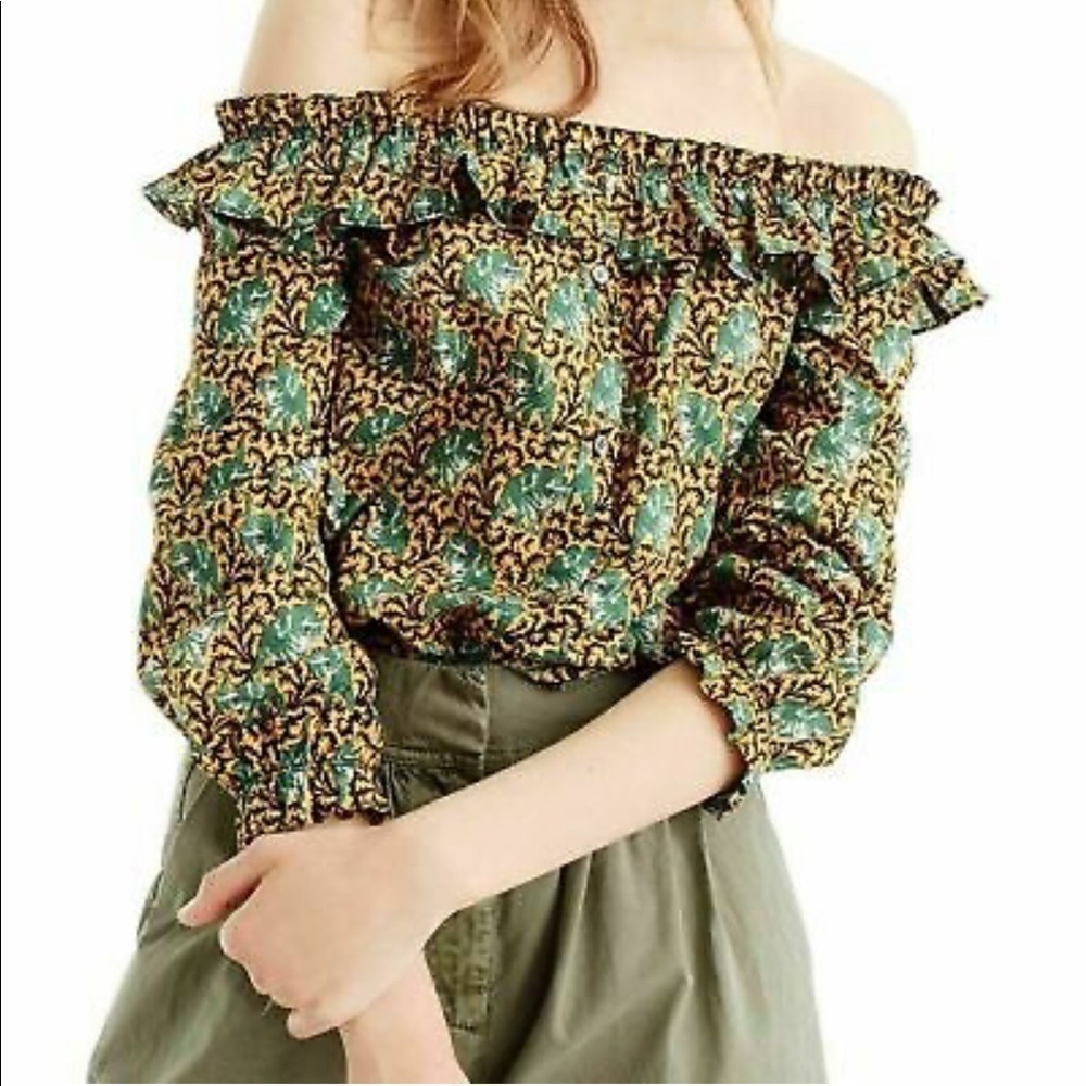 J.Crew Ruffle Off Shoulder Novelty Elephant Print Blouse